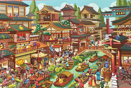 Ancient Chinese Water Market Diorama Sticker Sheet, River Town Scene Puzzle Stickers, PET Scrapbooking Journal Stickers for DIY Scene Building
